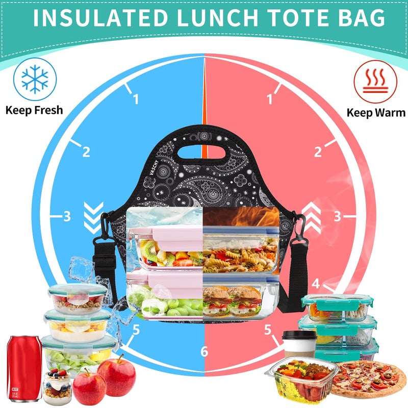 VASCHY Neoprene Insulated Lunch Tote Bag for Women Girls with Detachable Adjustable Shoulder Strap for Work in Paisley Clover Pattern - Image 2